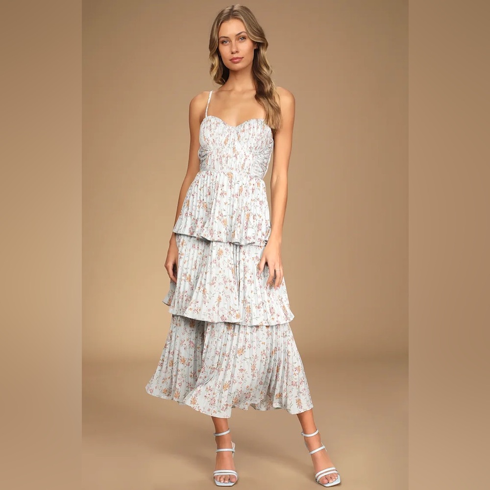 Lulus Cascading Crush Pale Blue Floral Print Tiered Bustier Midi Dress